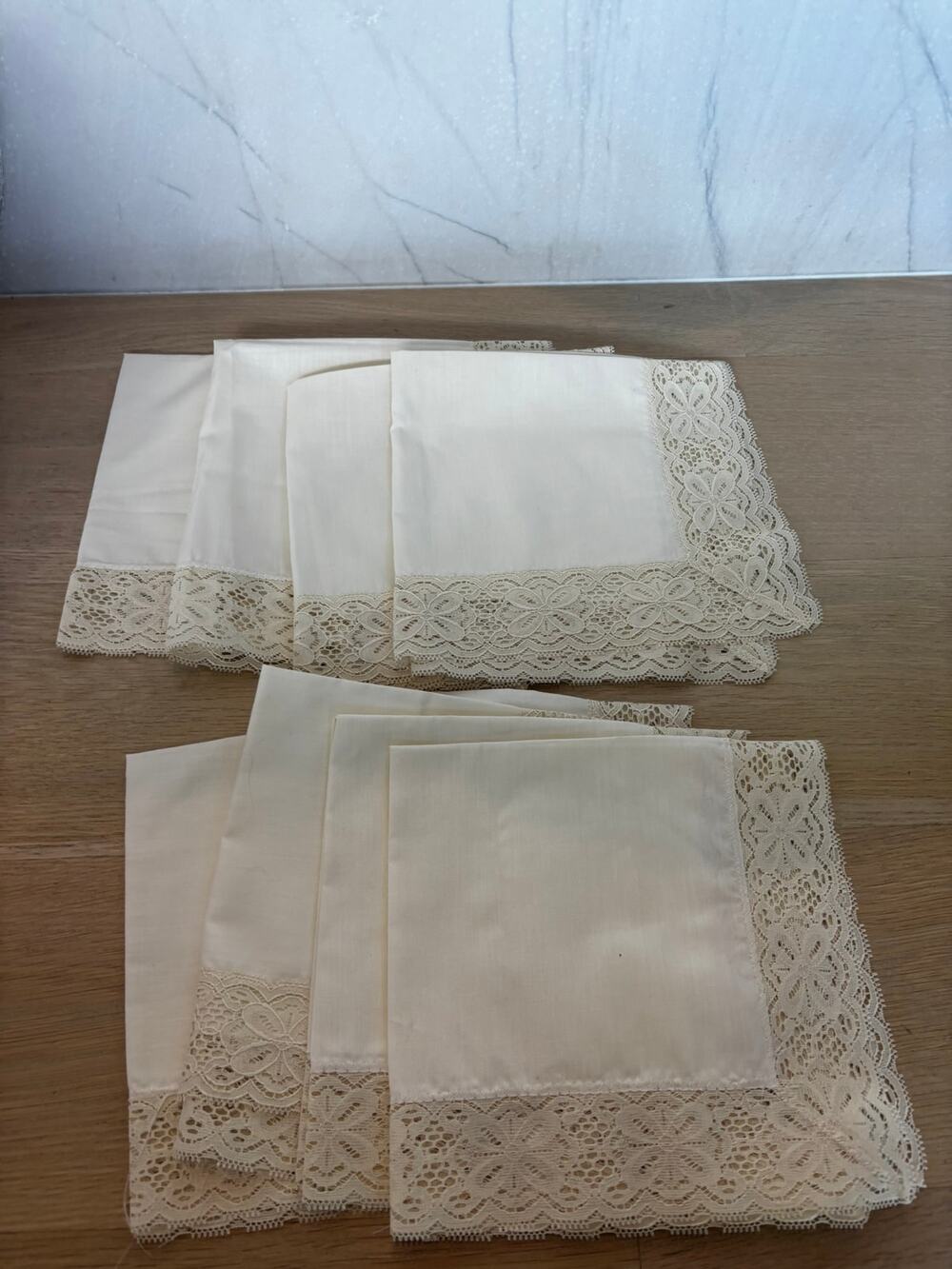 Set of 8 Vintage Ivory Linen Blend Napkins w Lace Trim 20" Square Table Linens